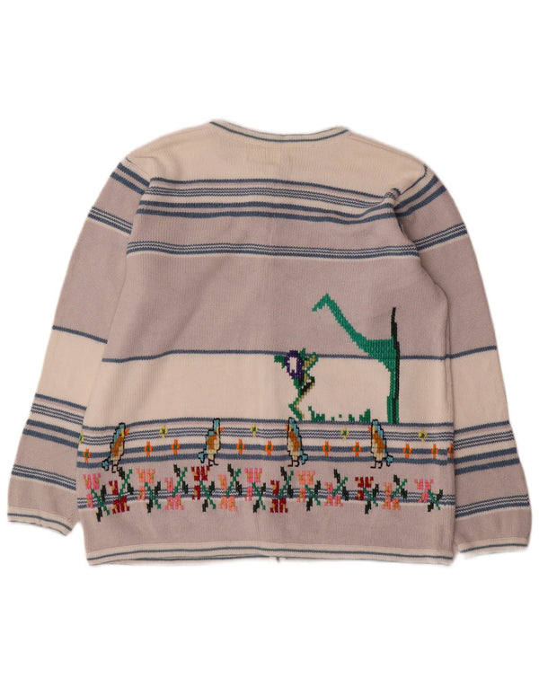 Vintage Womens Novelty Fit Graphic Cardigan Sweater UK 18 XL Grey Striped