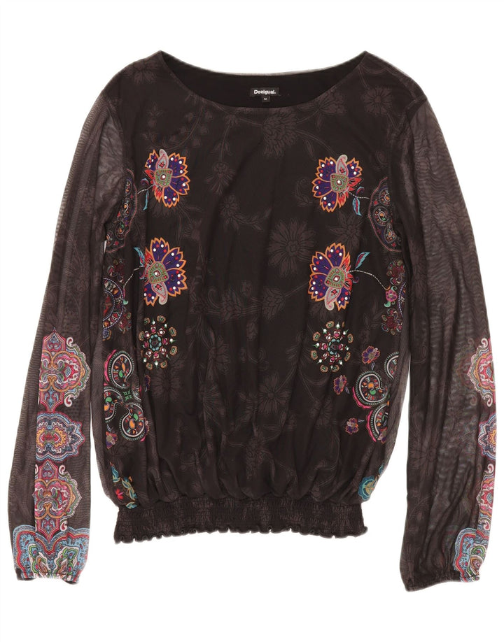 DESIGUAL Womens Long Sleeve Blouse Top UK 12 Medium Black Floral