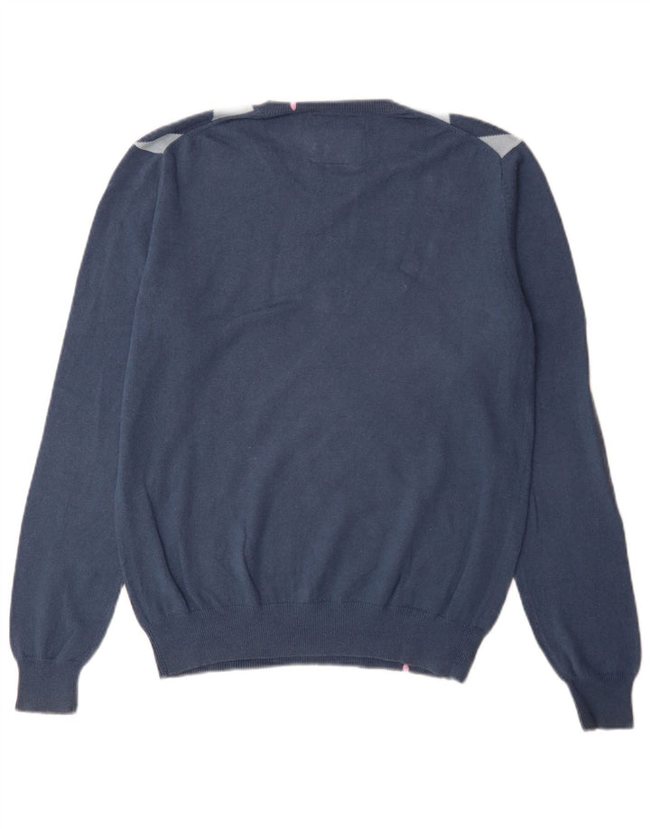 Sun68 Mens V-Neck Jumper Sweater Medium Blue Argyle/Diamond Cotton