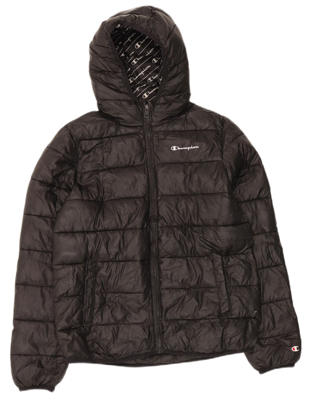 CHAMPION Womens Hooded Padded Jacket UK 40 Large Black Polyester