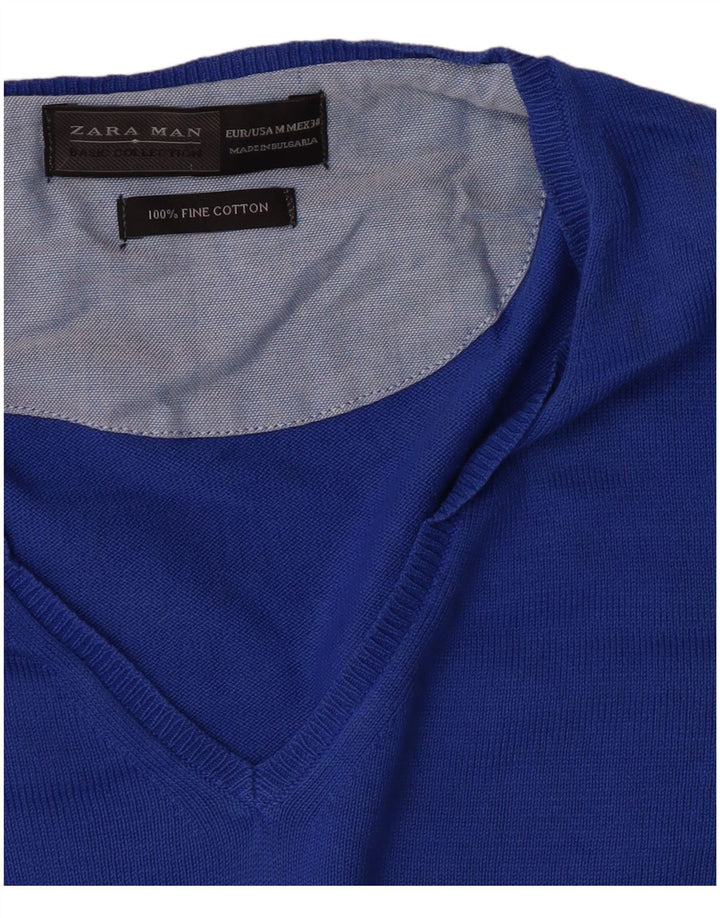 Zara Mens V-Neck Jumper Sweater Medium Blue Cotton