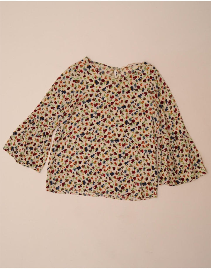 ZARA Womens 3/4 Sleeve Blouse Top UK 10 Small Off White Floral Viscose