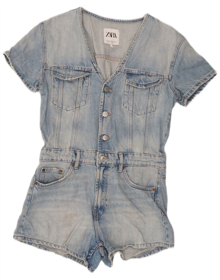 Zara Womens Denim Playsuit UK 12 Medium Blue Cotton