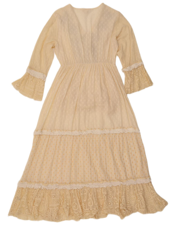 Vintage Womens Long Sleeve Maxi Dress UK 12 Medium Yellow Paisley Cotton