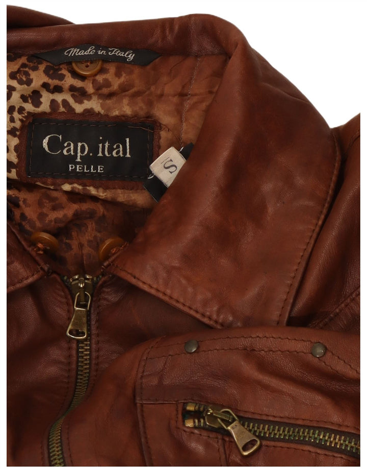 CAPITAL Womens Crop Leather Jacket UK 10 Small Brown Leather