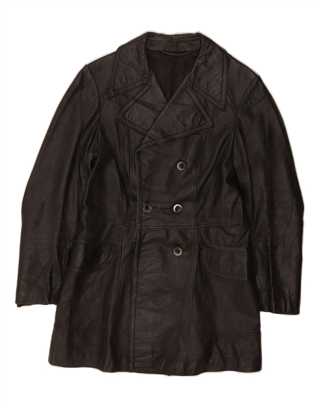 VINTAGE Womens Double Breasted Leather Coat UK 14 Medium Black Vintage Vintage and Second-Hand Vintage from Messina Hembry 