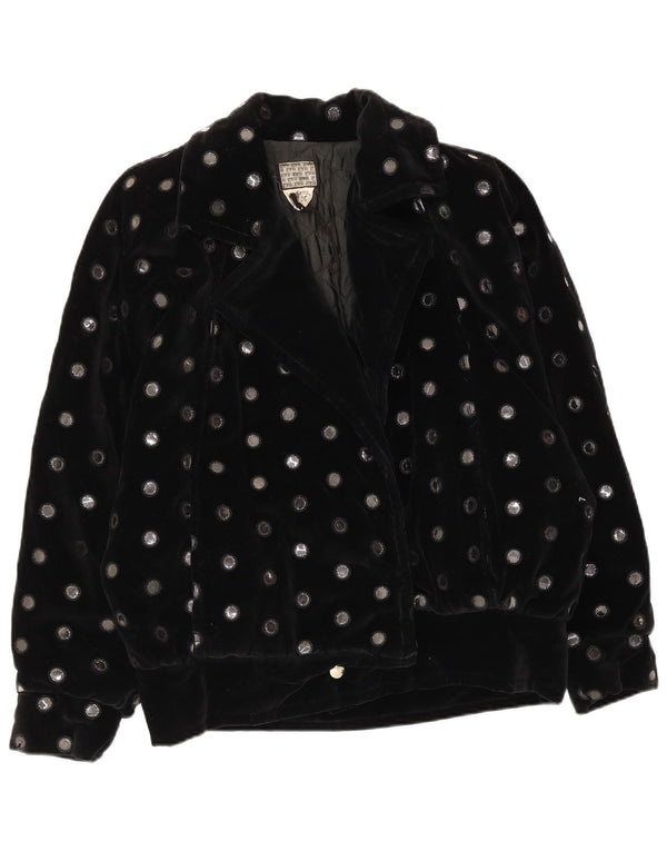 Vintage Womens Oversized Velvet Bomber Jacket UK 10 Small Black Polka Dot