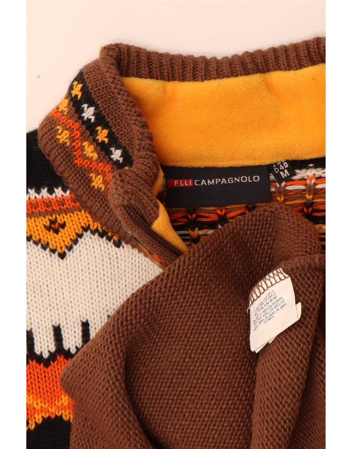 Campagnolo Mens Zip Neck Jumper Sweater Medium Brown Geometric Wool
