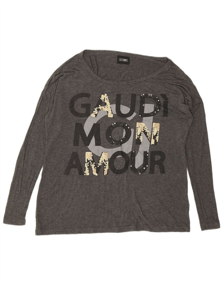 Gaudi Womens Oversized Graphic Top Long Sleeve UK 10 Small Grey Viscose