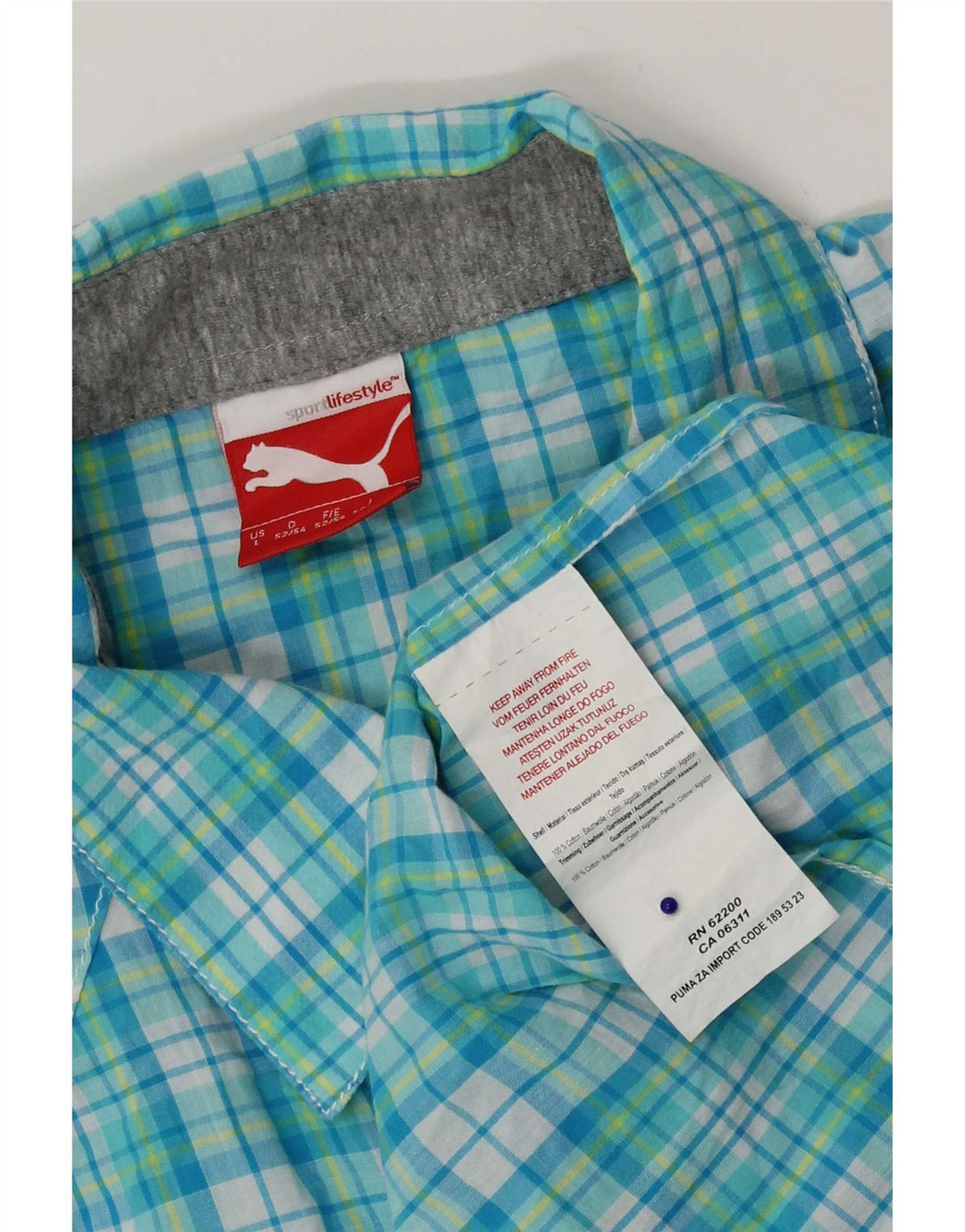Puma Mens Short Sleeve Shirt Large Blue Check Cotton