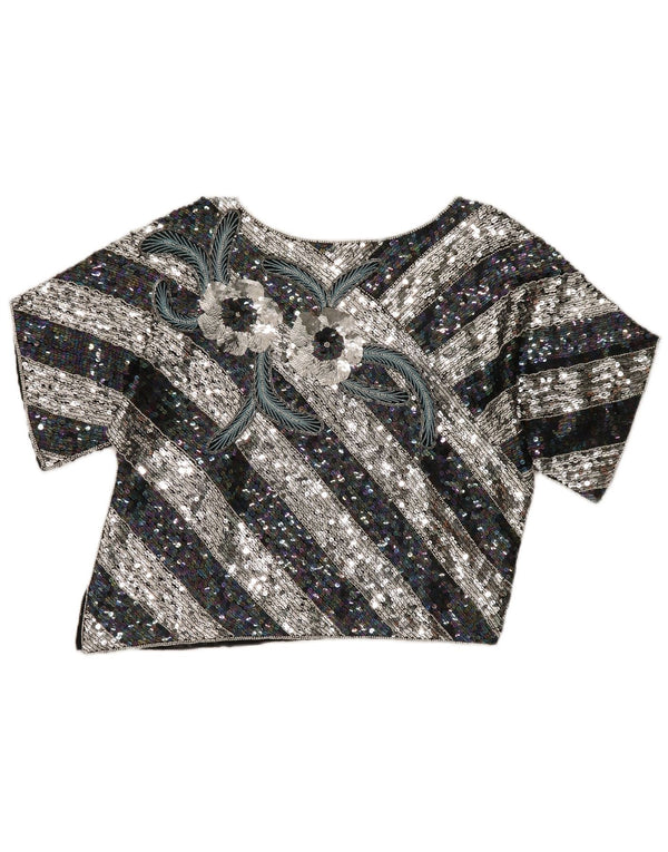 Vintage Womens Crop Graphic Blouse Top EU 40 Medium Black Striped Silk