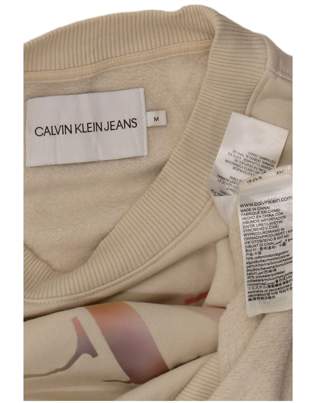 Calvin Klein Jeans Womens Crop Graphic Sweatshirt Jumper UK 14 Medium Beige