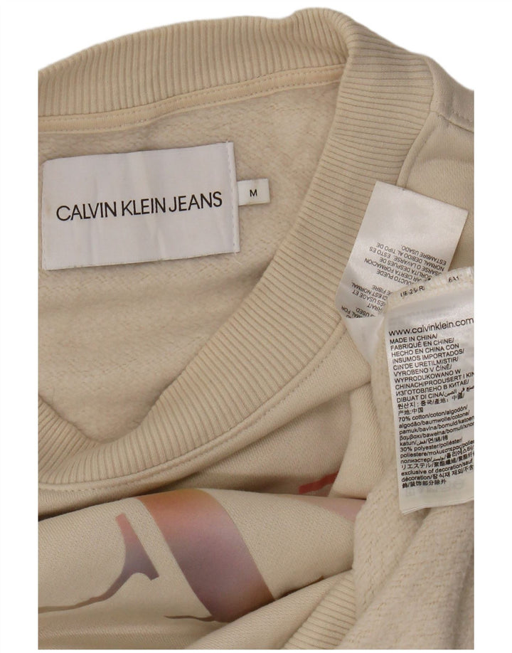 Calvin Klein Jeans Womens Crop Graphic Sweatshirt Jumper UK 14 Medium Beige