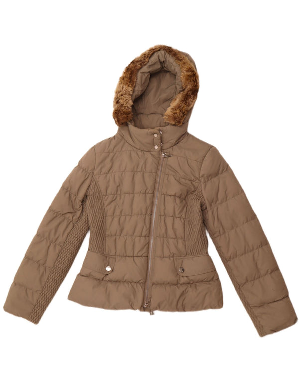 KAREN MILLEN Womens Hooded Padded Jacket UK 12 Medium Beige Polyamide