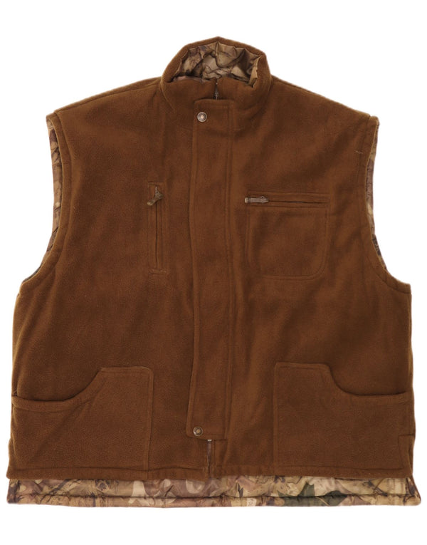 Vintage Mens Reversible Fleece Gilet UK 46 3XL Brown Camouflage Polyester