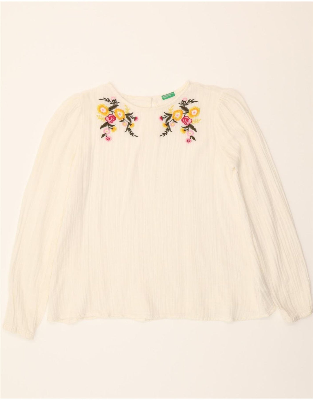 BENETTON Girls Long Sleeve Blouse Top 13-14 Years 3XL White Floral Cotton Vintage Benetton and Second-Hand Benetton from Messina Hembry 