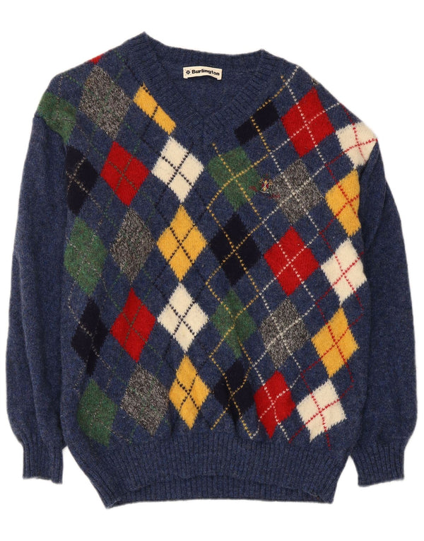 Burlington Mens V-Neck Jumper Sweater Medium Blue Argyle/Diamond New Wool