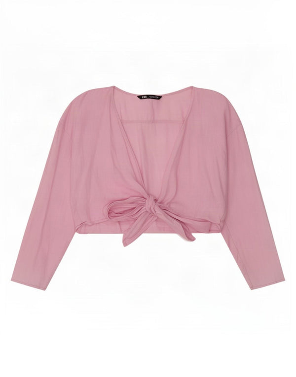Zara Womens Long Sleeve Wrap Cardigan Top UK 14 Large Pink Linen