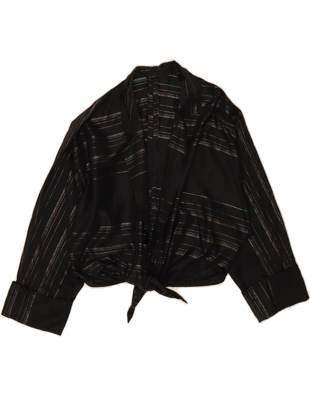 VINTAGE Womens Front Tie Cardigan Top UK 14 Medium Black Striped Vintage Vintage and Second-Hand Vintage from Messina Hembry 