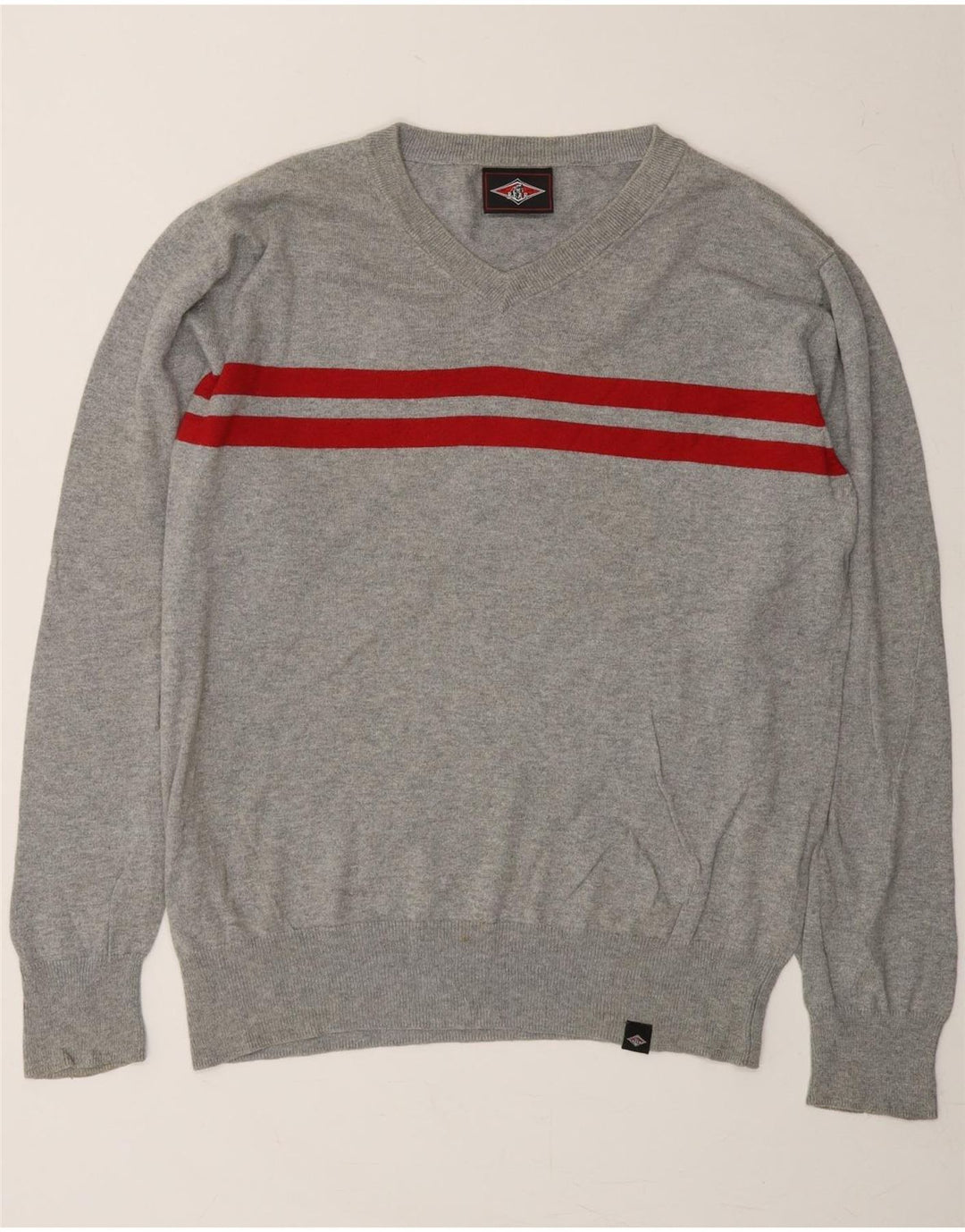 BEAR Mens V-Neck Jumper Sweater Large Grey Striped Cotton Vintage Bear and Second-Hand Bear from Messina Hembry 