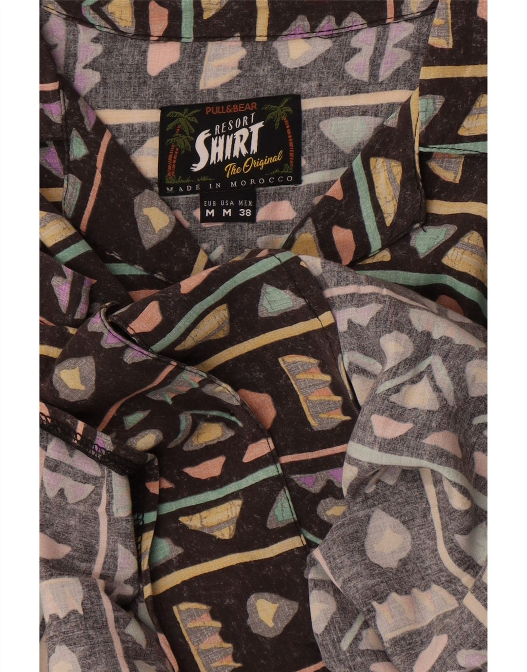 Pull & Bear Mens Short Sleeve Shirt Medium Brown Geometric Hawaiian