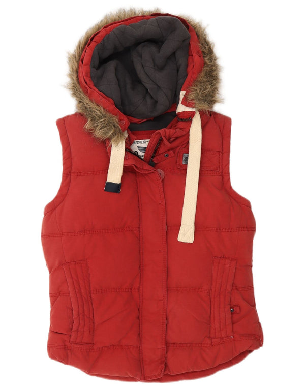 Superdry Womens Hooded Padded Gilet UK 14 Medium Red Cotton
