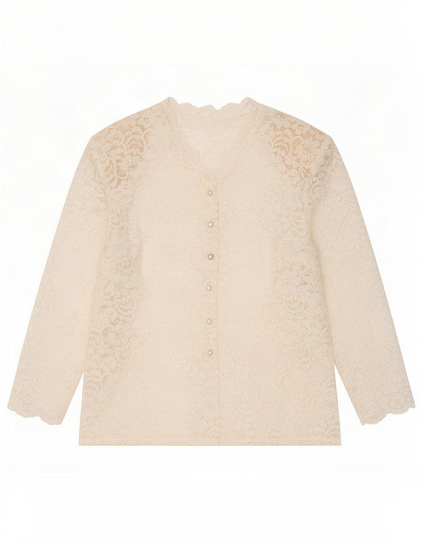 Vintage Womens Lace Shirt Blouse UK 18 XL White Floral