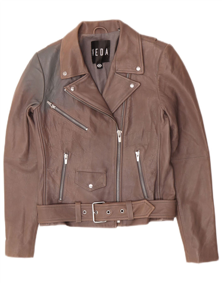 Veda Womens Leather Biker Jacket UK 8 Small Brown Lambskin