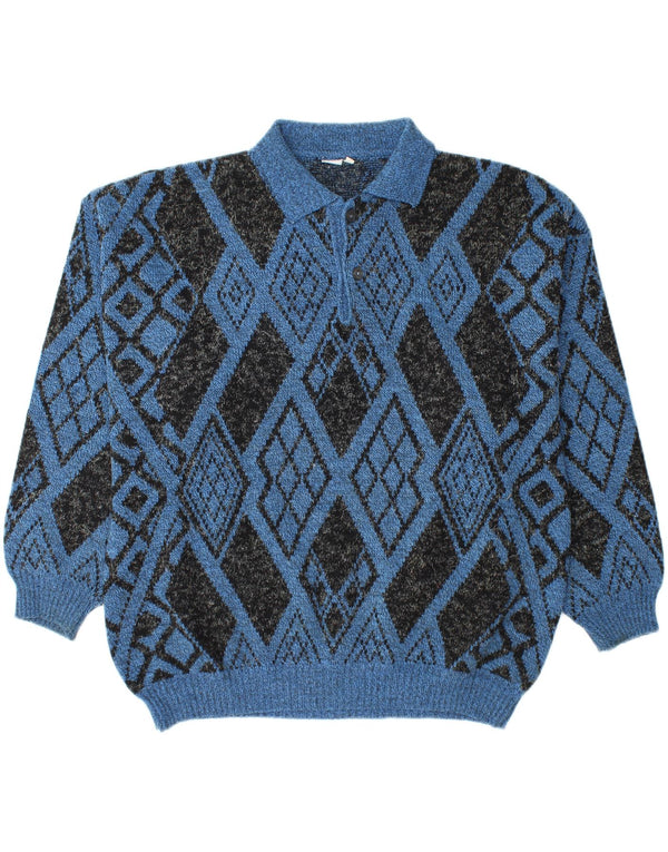 VINTAGE Mens Polo Neck Jumper Sweater Large Blue Argyle/Diamond