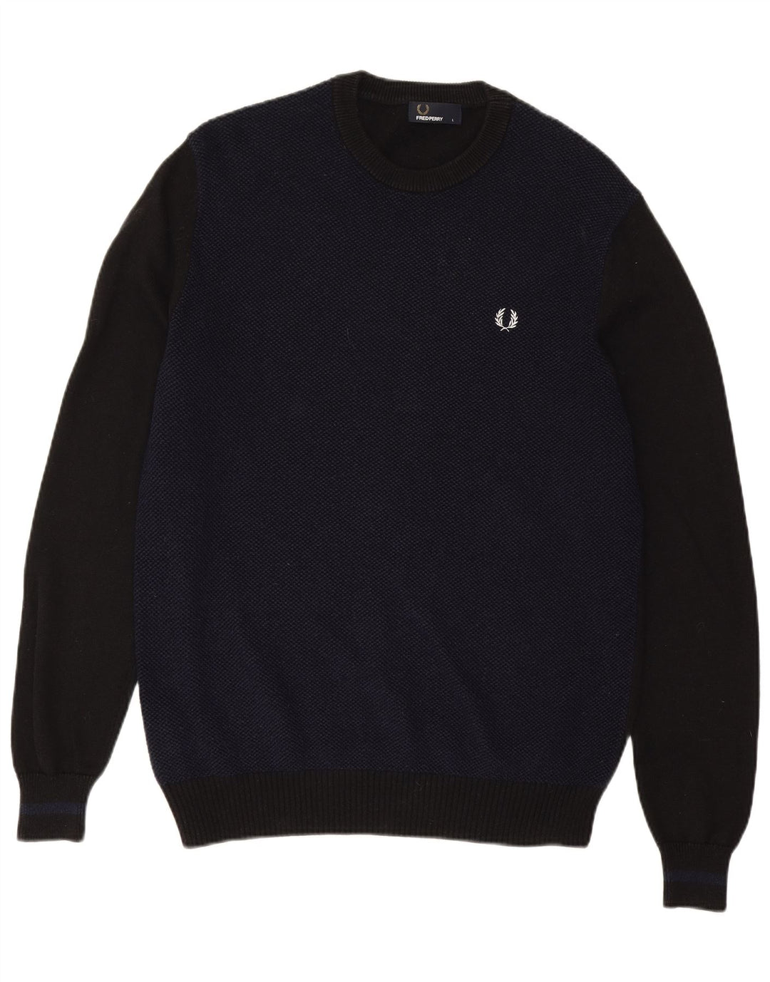 Fred Perry Mens Crew Neck Jumper Sweater Large Navy Blue Colourblock Wool