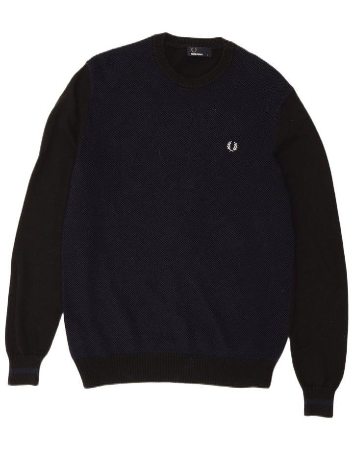 Fred Perry Mens Crew Neck Jumper Sweater Large Navy Blue Colourblock Wool