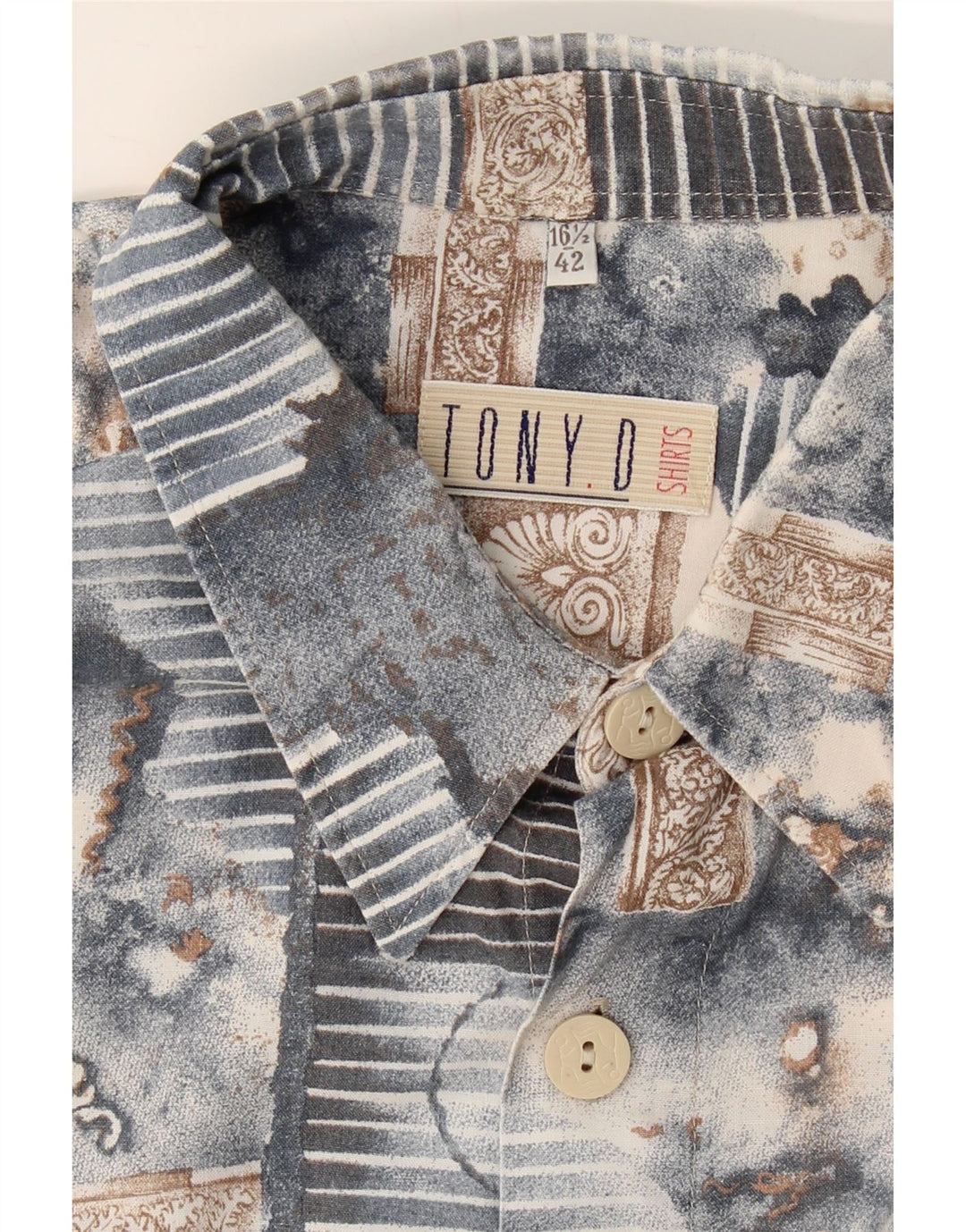 TONY. D Mens Abstract Pattern Short Sleeve Shirt Size 42 16 1/2 Large Blue Vintage Tony. D and Second-Hand Tony. D from Messina Hembry 