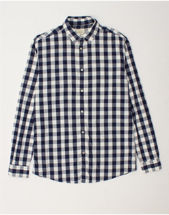 JACK & JONES Mens Shirt Large Navy Blue Gingham Cotton
