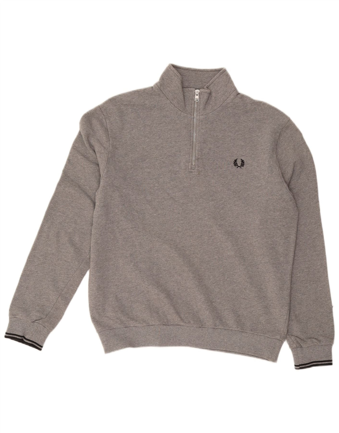 FRED PERRY Mens Zip Neck Sweatshirt Jumper Large Grey Cotton