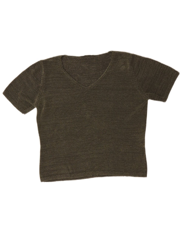 Marks & Spencer Womens Short Sleeve V-Neck Jumper Sweater UK 14 Medium Khak