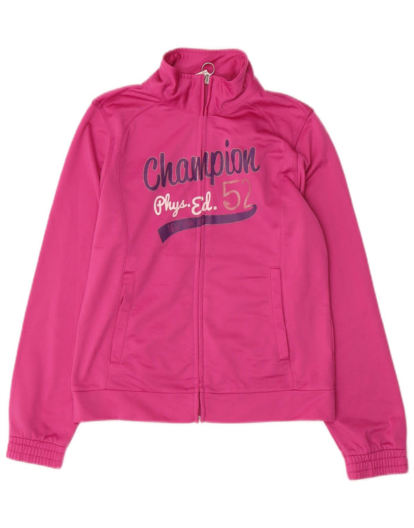 CHAMPION Girls Graphic Tracksuit Top Jacket 11-12 Years Large Pink