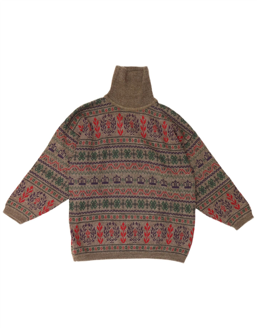 Vintage Mens Roll Neck Jumper Sweater Small Grey Fair Isle Wool