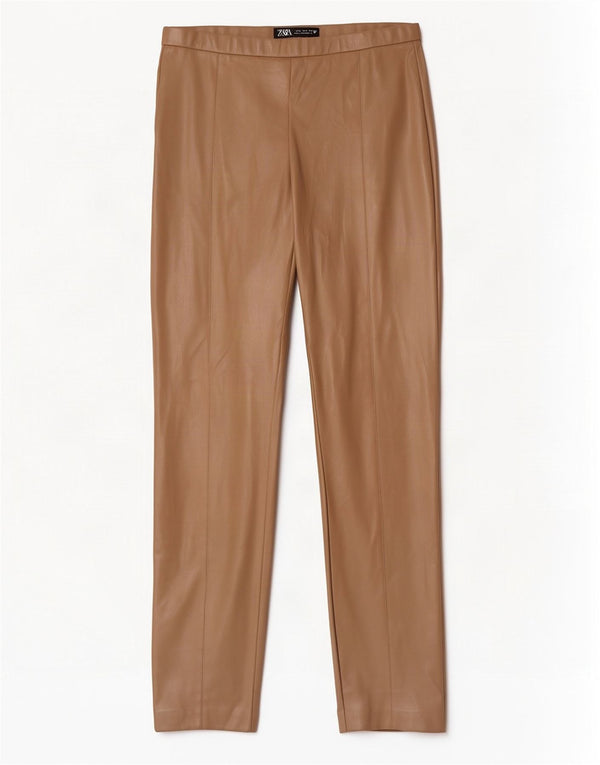 Zara Womens Slim Faux Leather Trousers Large W30 L28 Beige Polyurethane