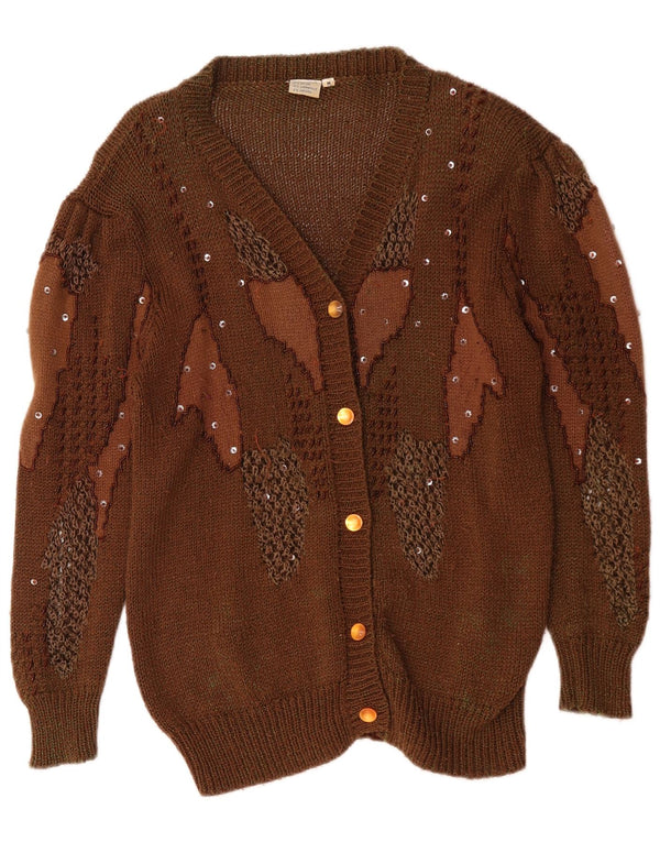 Vintage Womens Abstract Pattern Cardigan Sweater UK 14 Medium Brown