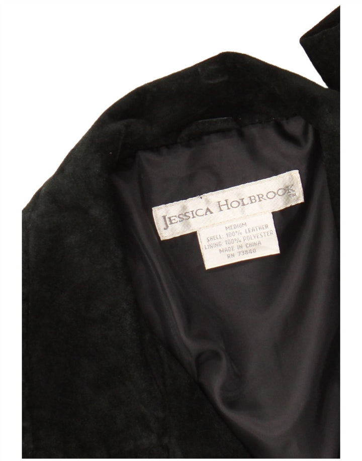 Vintage Womens Suede 3 Button Blazer Jacket Medium Black Leather