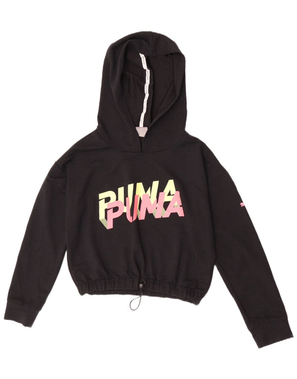Puma Womens Crop Graphic Oversized Hoodie Jumper UK 6 XS Black Polyester