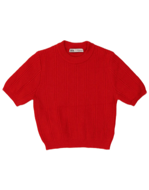 Zara Womens Crop Short Sleeve Crew Neck Jumper Sweater UK 12 Medium Red