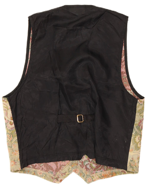 Blue Berry Womens Waistcoat UK 14 Large Khaki Floral Cotton