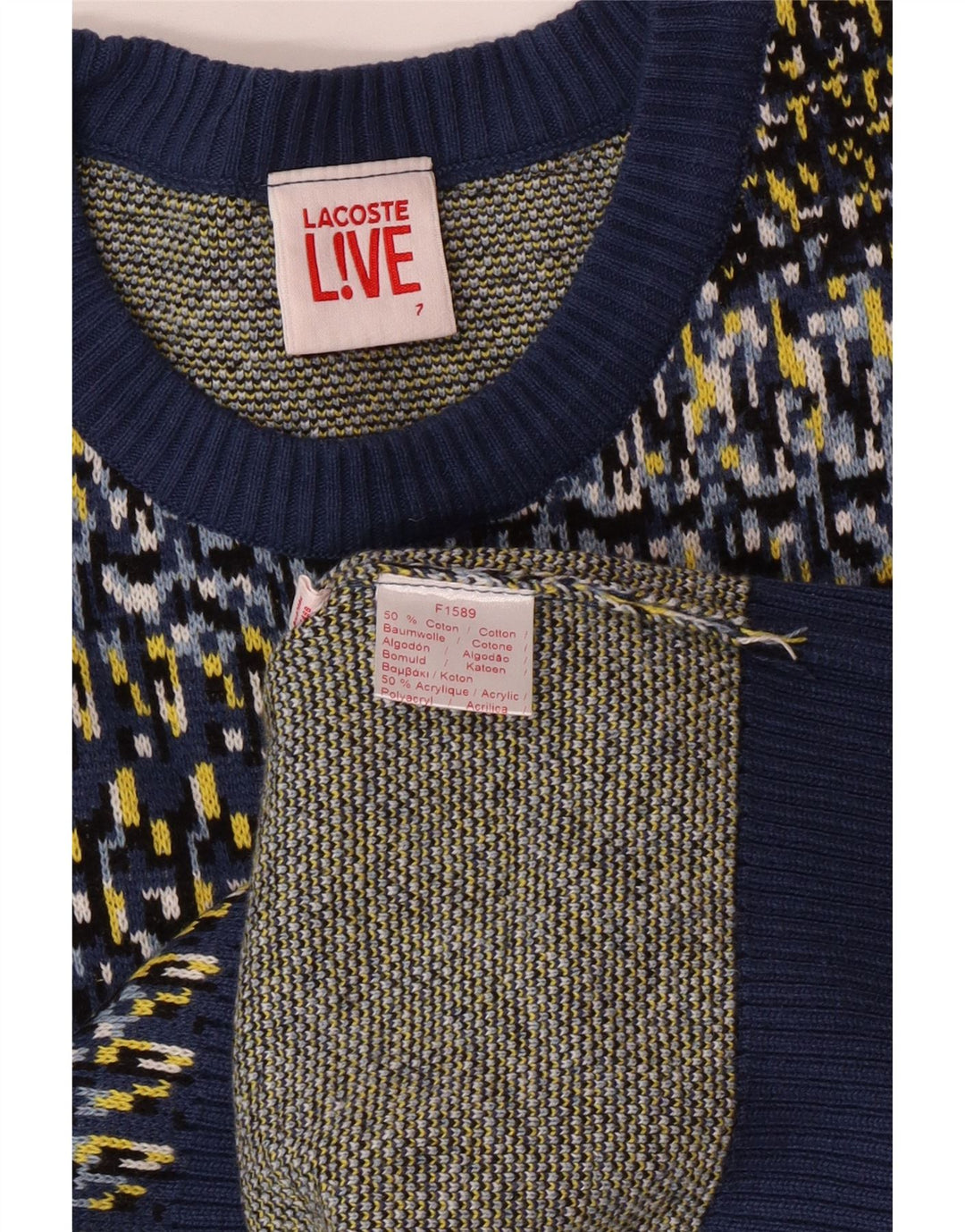 LACOSTE Mens Crew Neck Jumper Sweater Size 7 2XL Blue Geometric Cotton