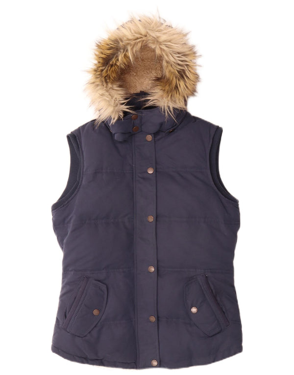 Fat Face Womens Hooded Sherpa Padded Gilet UK 10 Small Navy Blue Polyester