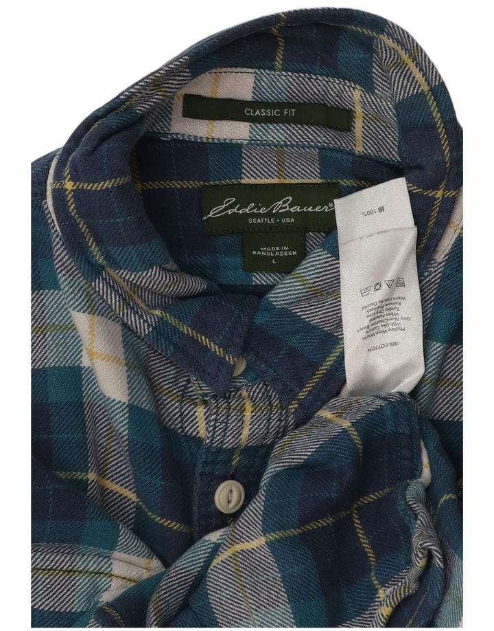 EDDIE BAUER Mens Classic Fit Flannel Shirt Large Blue Plaid Cotton