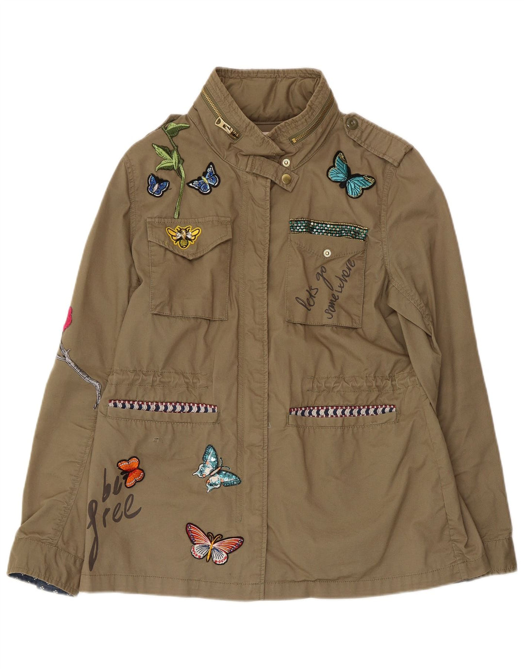 DESIGUAL Womens Graphic Military Jacket EU 42 Large Khaki Cotton Butterfly