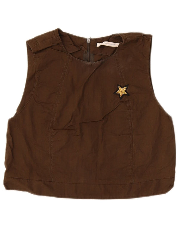 Zara Womens Crop Sleeveless Blouse Top UK 10 Small Brown Cotton