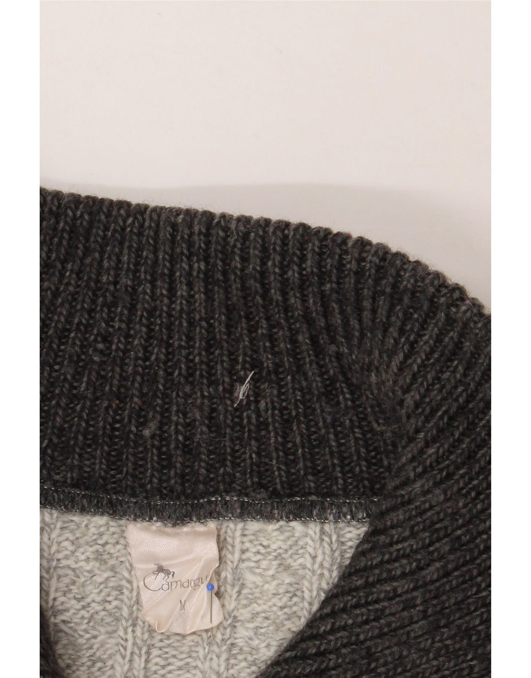 CAMARGUE Mens Zip Neck Jumper Sweater Medium Grey Striped Acrylic Vintage Camargue and Second-Hand Camargue from Messina Hembry 