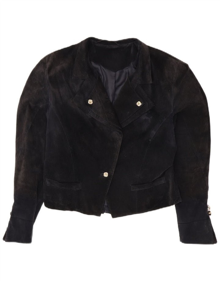 VINTAGE Womens 1 Button Crop Blazer Jacket UK 14 Medium Navy Blue Viscose